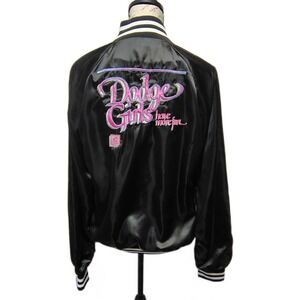 Vintage 80s Dodge Girls Embroidered Black‎ Satin Bomber Jacket Medium Rockabilly